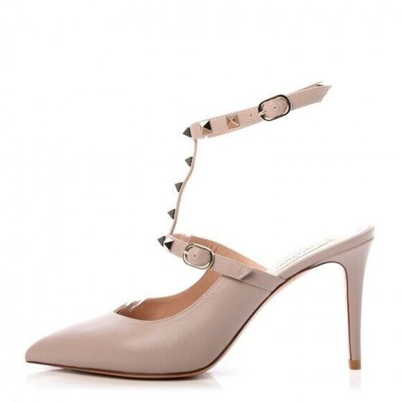 Valentino Shoes - VALENTINO GARAVANI 40 Nappa Leather Rockstud T-Strap Open Back Pointed Toe Pump